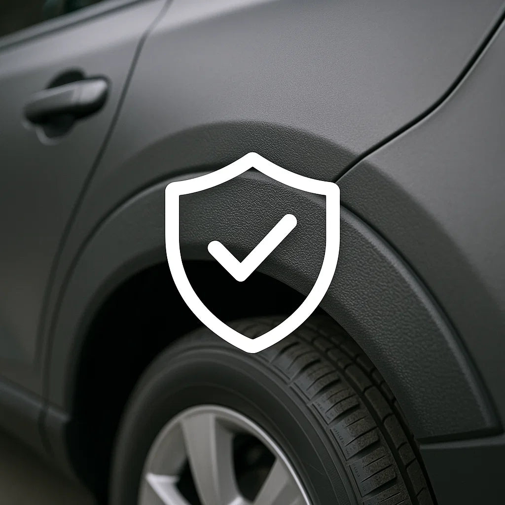 Nahaufnahme eines mit Kunststoffversiegelung behandelten Kotflügels mit Schutzsymbol, das die langanhaltende Schutzwirkung hervorhebt