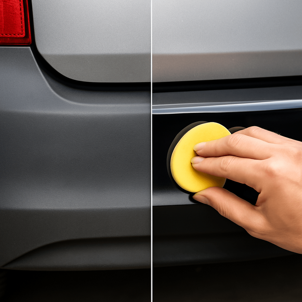 Vorher-Nachher-Vergleich einer Autostoßstange – links matt und ausgeblichen, rechts frisch gepflegt mit tiefem Glanz durch Kunststoffpflege.
