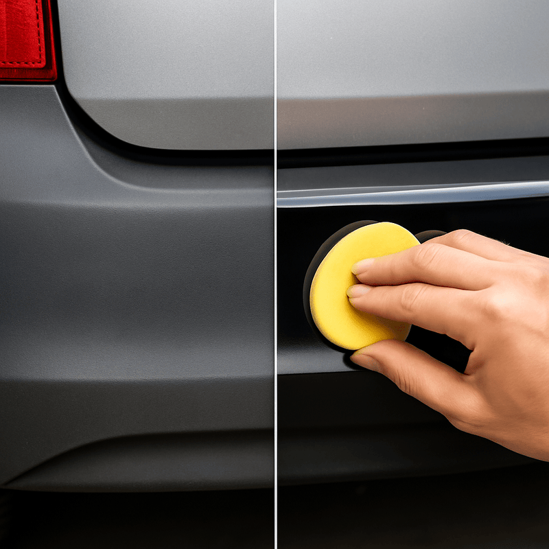 Vorher-Nachher-Vergleich einer Autostoßstange – links matt und ausgeblichen, rechts frisch gepflegt mit tiefem Glanz durch Kunststoffpflege.