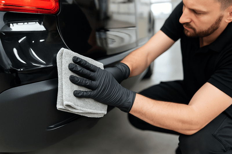 Professioneller Fahrzeugaufbereiter reinigt ein schwarzes Kunststoffteil am Auto mit einem grauen Mikrofasertuch in einer Werkstatt.