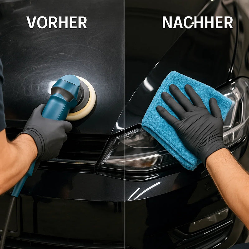 Vorher-Nachher-Vergleich einer Fahrzeugfront bei der Lackpolitur – links matte, verkratzte Motorhaube mit Poliermaschine in Aktion, rechts glänzende Oberfläche, die mit einem Mikrofasertuch abgewischt wird