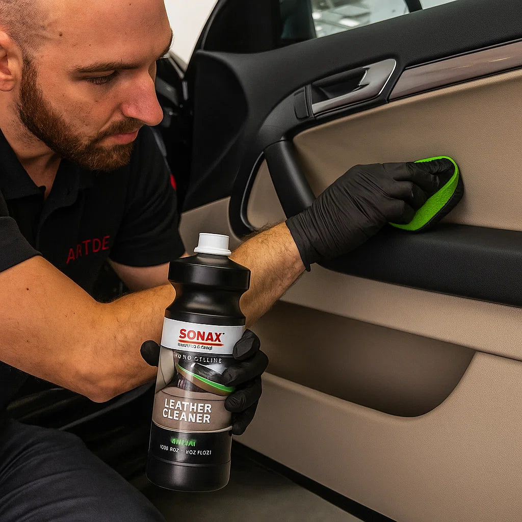 Detailer reinigt die Türverkleidung eines Autos mit Sonax Profiline Leather Cleaner und einem Applikationspad.