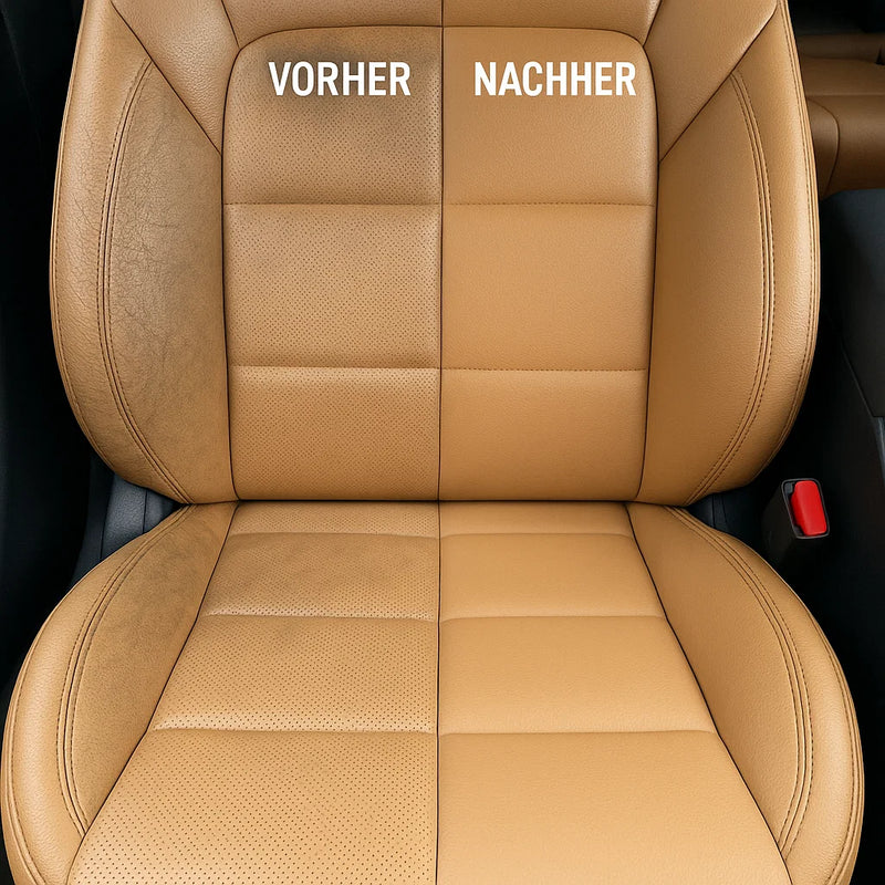 Vergleich eines Autositzes aus braunem Leder: linke Seite verschmutzt und abgenutzt (Vorher), rechte Seite gereinigt und aufgearbeitet (Nachher)