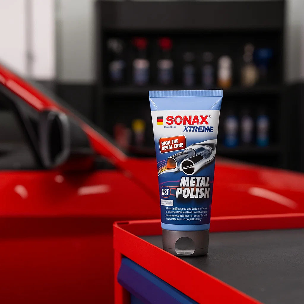 Produktfoto der Sonax Xtreme Metal Polish Tube auf einem Werkstattwagen, im Hintergrund ein rotes Fahrzeug und Pflegemittelregal