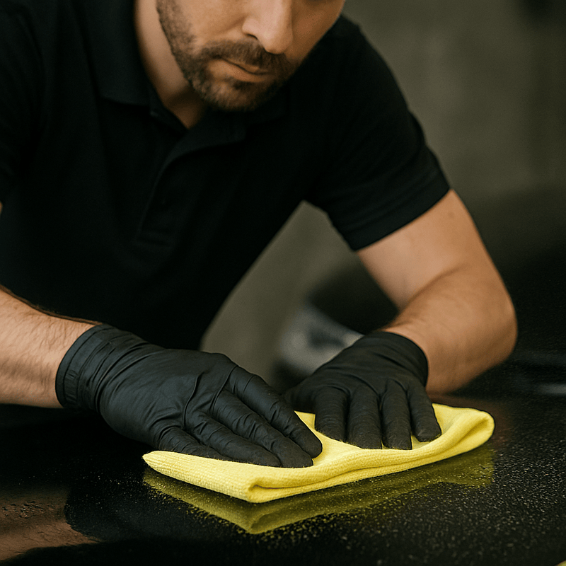 Nahaufnahme eines Fahrzeugaufbereiters mit schwarzen Handschuhen, der mit einem gelben Mikrofasertuch eine lackierte Oberfläche reinigt und entfettet