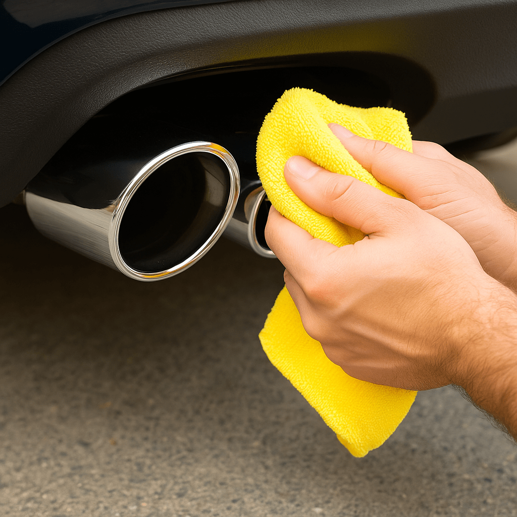 Nahaufnahme einer Hand, die einen metallischen Auspuff mit einem gelben Mikrofasertuch auf Hochglanz poliert.