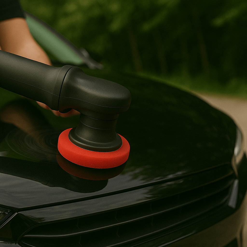 Nahaufnahme einer elektrischen Poliermaschine mit kleinem, rotem Polierpad, das die Motorhaube eines schwarzen Autos poliert, mit dezenten Polierspuren und unscharfem grünen Hintergrund.