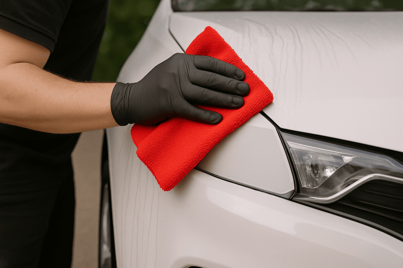 Nahaufnahme eines Fahrzeugaufbereiters, der mit einem roten Mikrofasertuch und schwarzen Handschuhen Regenstreifen von der weißen Motorhaube eines Autos entfernt, wobei ein sauberer, streifenfreier Bereich sichtbar wird.