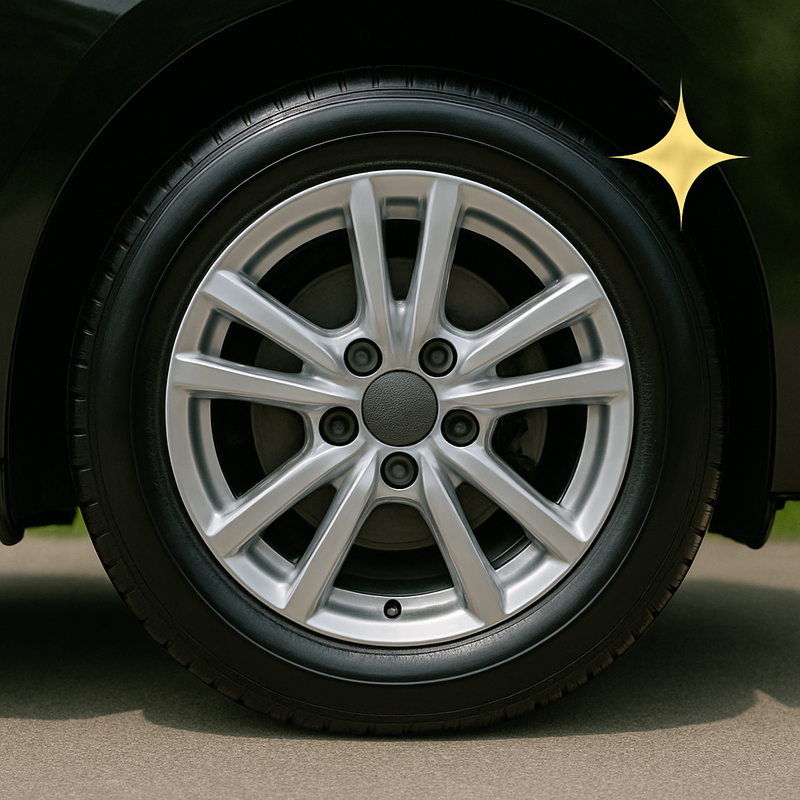 Frontalansicht eines Autoreifens mit silberner Mehrspeichenfelge, glänzendem schwarzen Reifen und edlem goldfarbenem Glanzsymbol in der oberen rechten Ecke, aufgenommen bei Tageslicht auf Asphalt mit grünem Hintergrund.