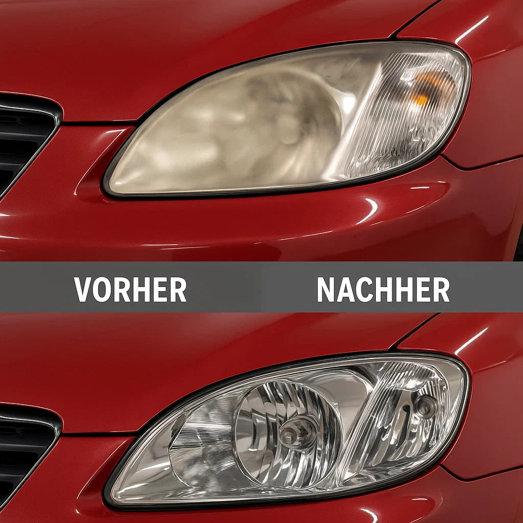Vergleich eines roten Autoscheinwerfers: oben matt und vergilbt (Vorher), unten klar und glänzend nach der Politur (Nachher).