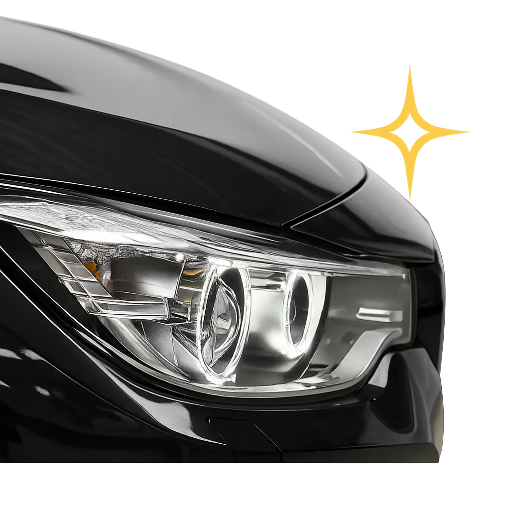 Glänzender, klarer Autoscheinwerfer nach der Anwendung von Sonax Headlight Coating.