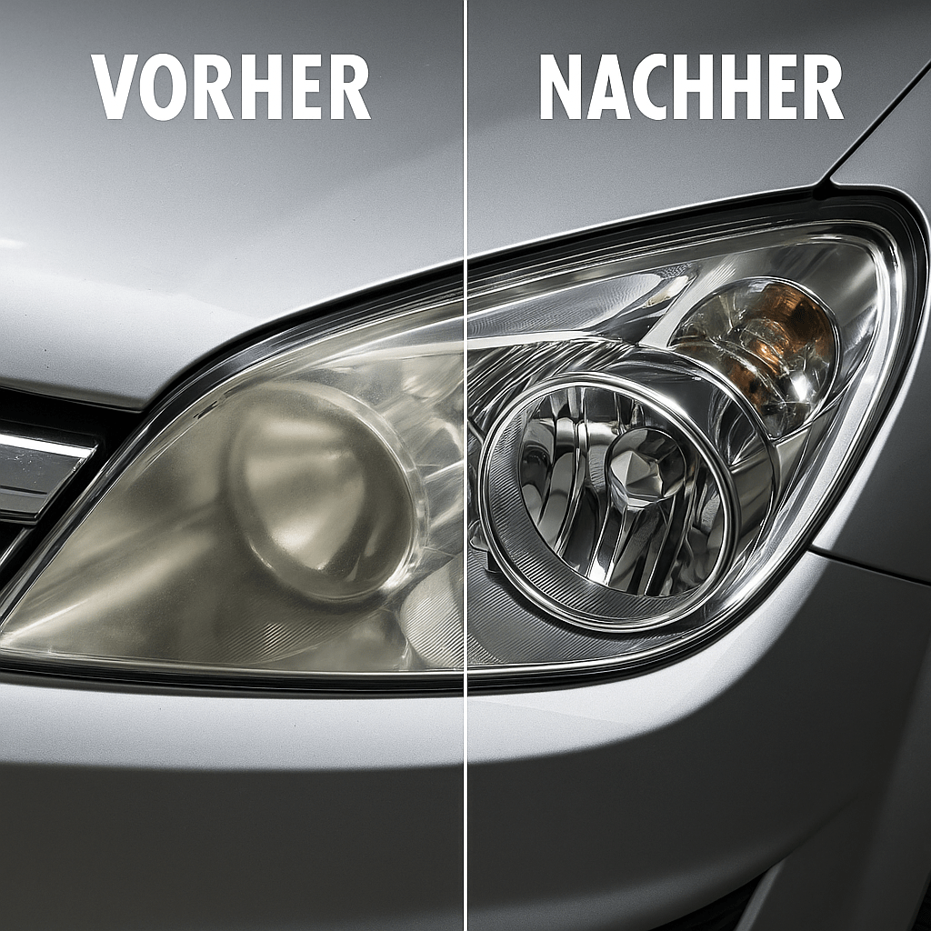 Vorher-Nachher-Darstellung eines Autoscheinwerfers: links matt, vergilbt und zerkratzt, rechts klar, glänzend und vollständig aufbereitet.