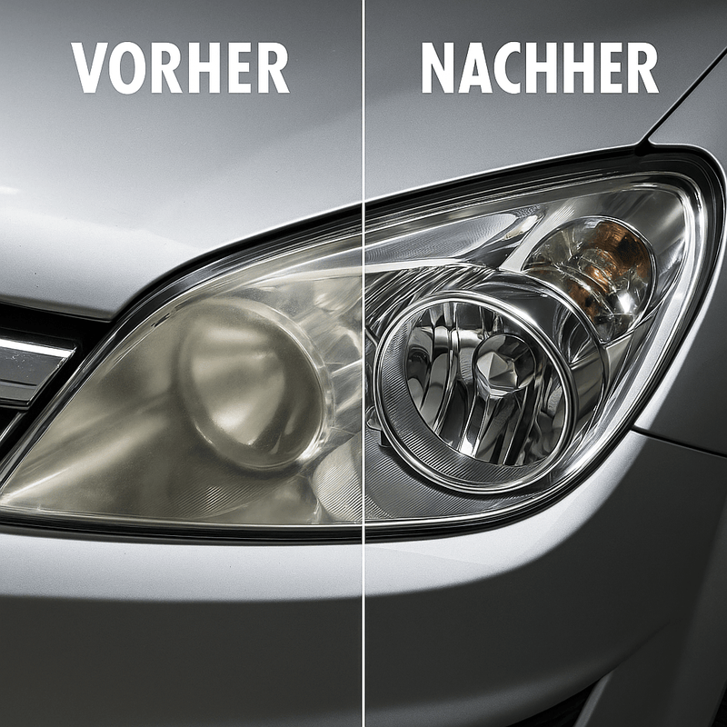 Vorher-Nachher-Darstellung eines Autoscheinwerfers: links matt, vergilbt und zerkratzt, rechts klar, glänzend und vollständig aufbereitet.