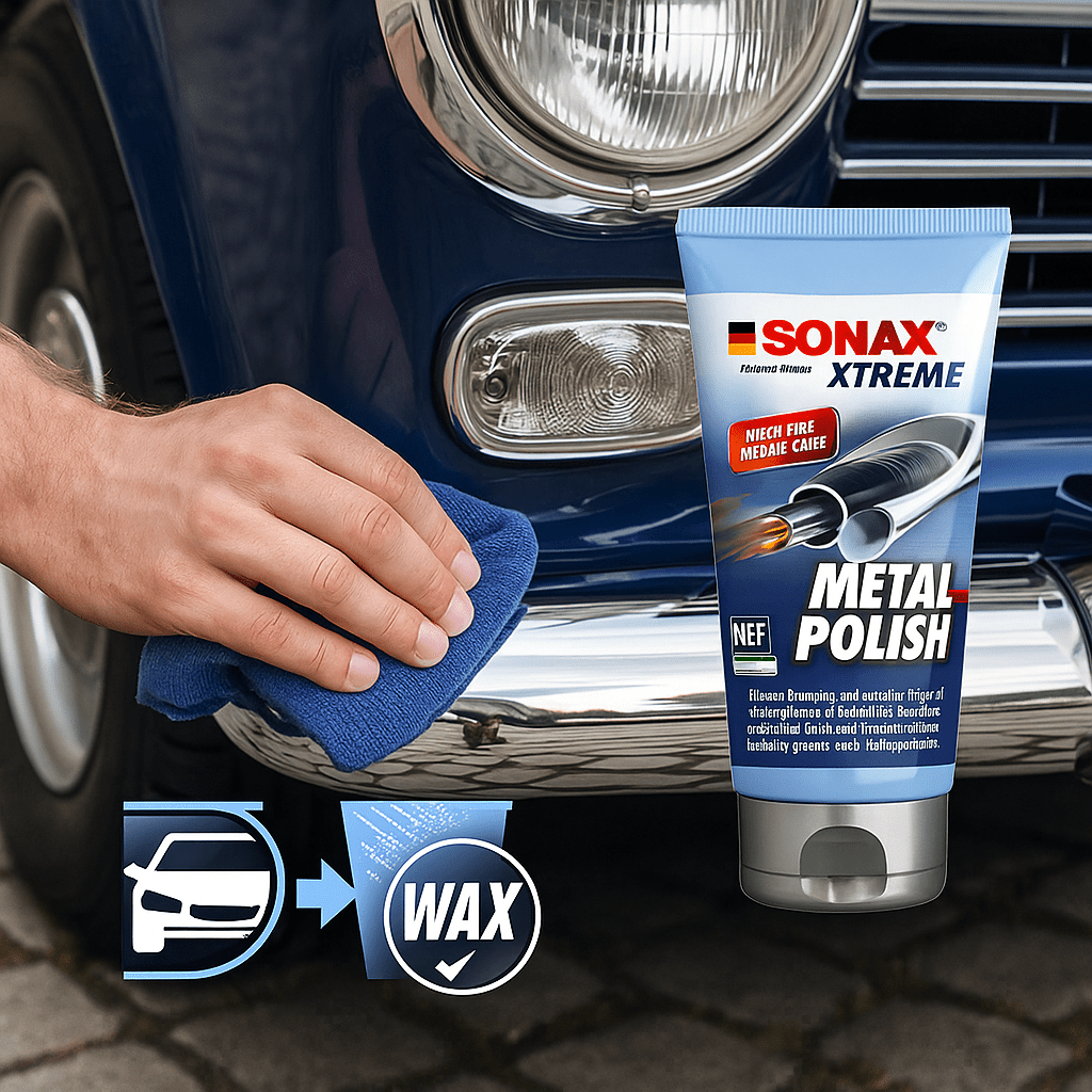 Eine Nahaufnahme zeigt, wie SONAX Metal Polish von Hand auf eine Metalloberfläche aufgetragen wird, während darüber stilisierte Icons für Regen, Salz, Sonne und Schmutz eine symbolische Schutzwirkung gegen Umwelteinflüsse darstellen.