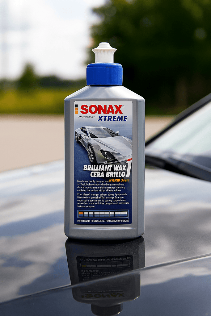 Eine Flasche SONAX XTREME Brilliant Wax 1 steht auf der Motorhaube eines dunklen Autos, im Hintergrund sind unscharf Bäume und Himmel zu sehen, während sich das Produkt auf dem glänzenden Lack spiegelt.


