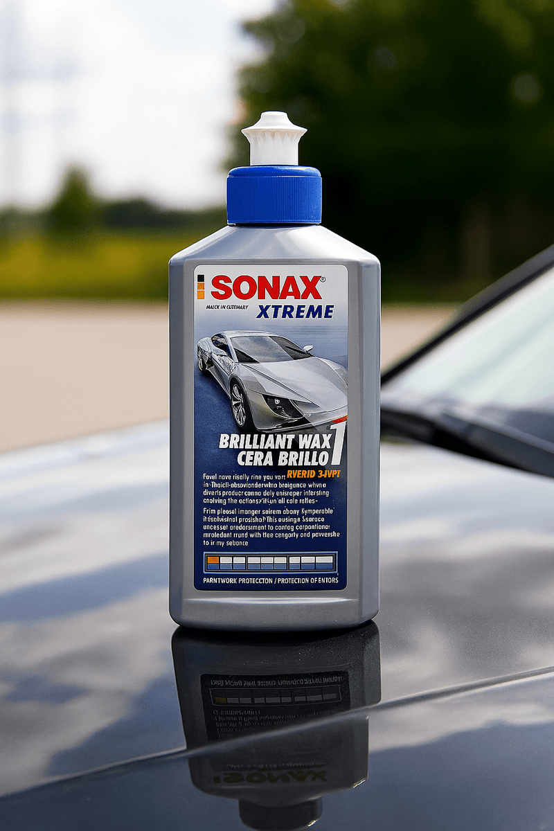 Eine Flasche SONAX XTREME Brilliant Wax 1 steht auf der Motorhaube eines dunklen Autos, im Hintergrund sind unscharf Bäume und Himmel zu sehen, während sich das Produkt auf dem glänzenden Lack spiegelt.

