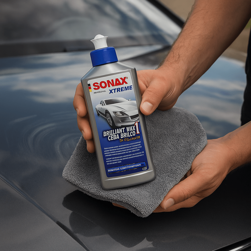 Ein Fahrzeugaufbereiter hält eine Flasche SONAX XTREME Brilliant Wax 1 zusammen mit einem grauen Mikrofasertuch in der Hand, bereit zur Anwendung auf dem Autolack.