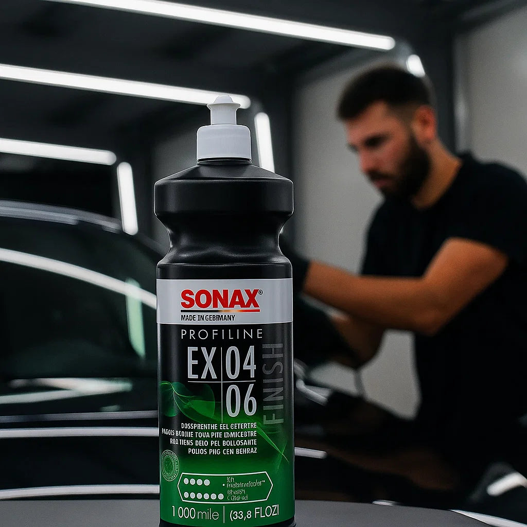 Flasche Sonax Profiline EX 04-06 Finish Politur (1000 ml) in einer Aufbereitungshalle, im Hintergrund ein Detailer bei der Arbeit.