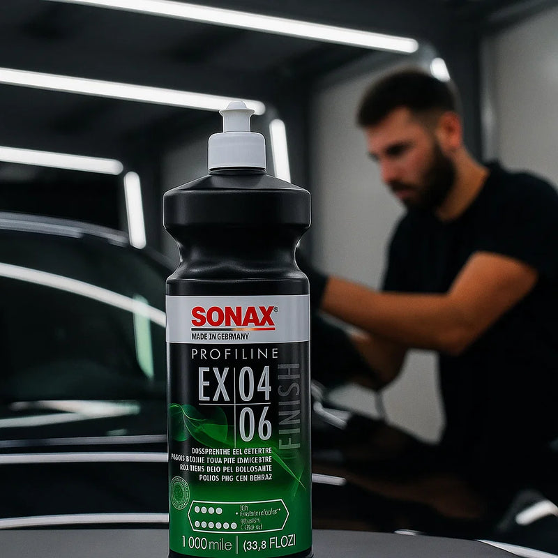 Flasche Sonax Profiline EX 04-06 Finish Politur (1000 ml) in einer Aufbereitungshalle, im Hintergrund ein Detailer bei der Arbeit.