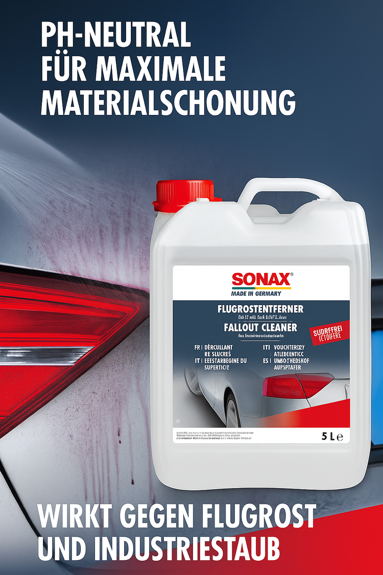 SONAX Flugrostentferner 5 Liter – pH-neutraler Spezialreiniger zur schonenden Entfernung von Flugrost und Industriestaub auf lackierten Fahrzeugoberflächen