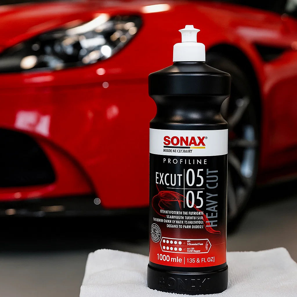 Produktfoto der Sonax Profiline FS 05-05 Heavy Cut Politur (1000 ml) vor rotem Sportwagen.