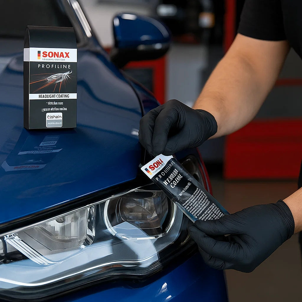 Anwendung von Sonax Profiline Headlight Coating auf einen Autoscheinwerfer durch einen Detailer.