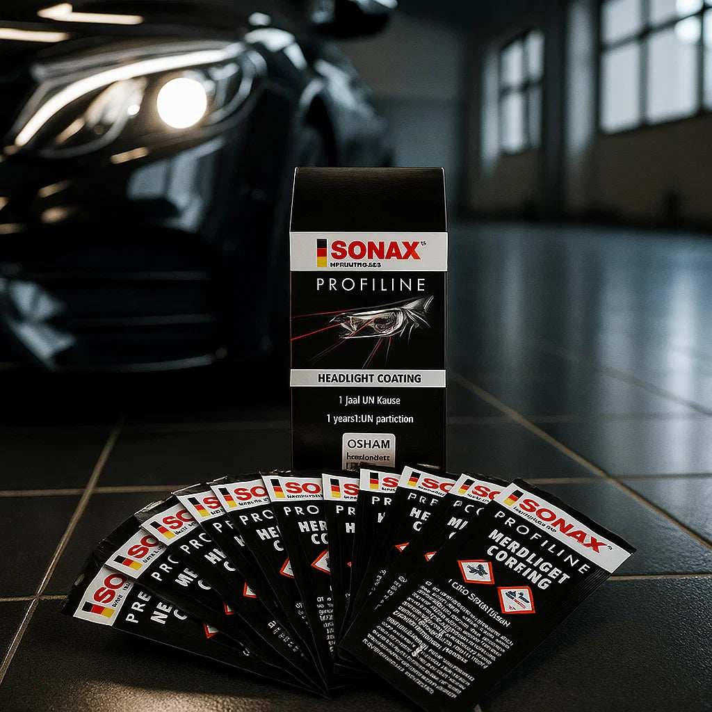 Sonax Profiline Headlight Coating Set mit mehreren Sachets in einer Aufbereitungshalle vor einem Fahrzeug.
