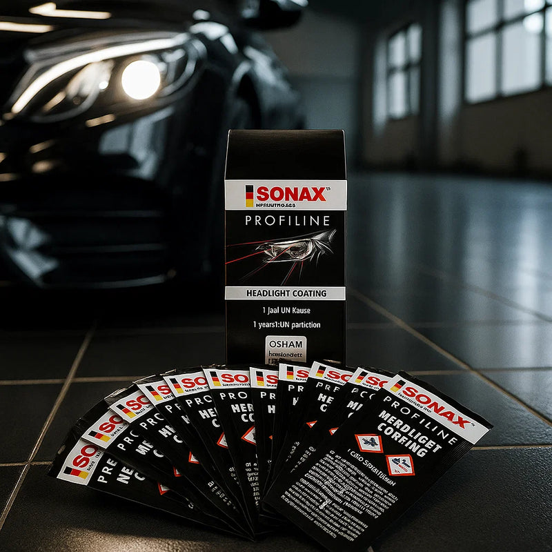 Sonax Profiline Headlight Coating Set mit mehreren Sachets in einer Aufbereitungshalle vor einem Fahrzeug.
