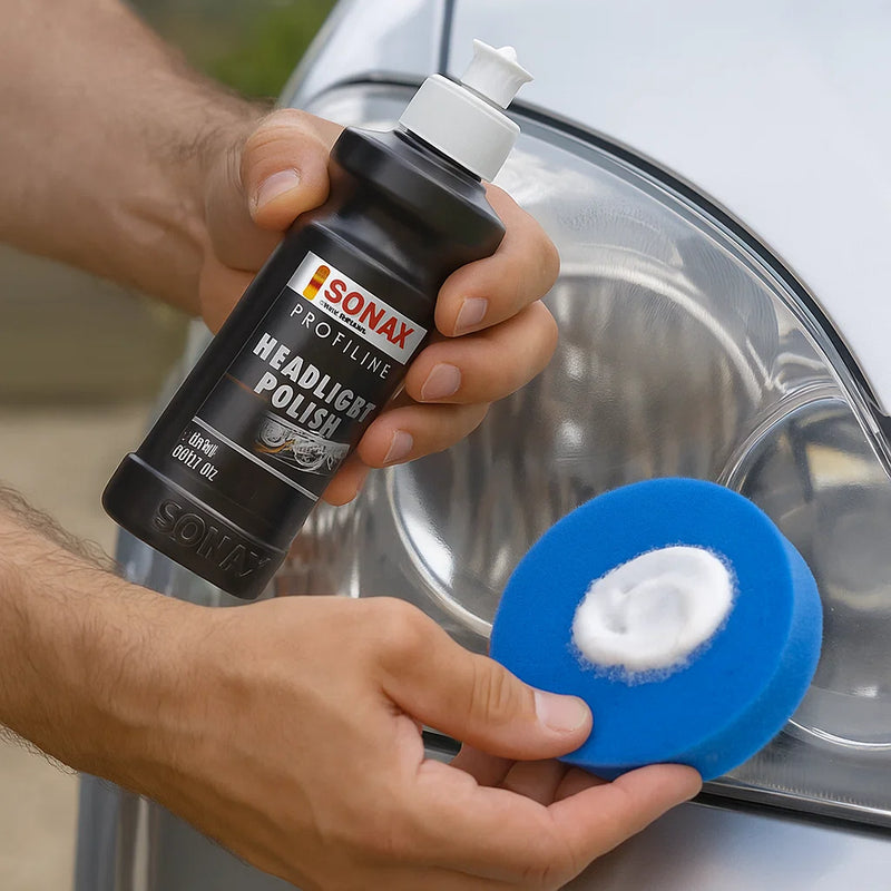 Anwendung von Sonax Profiline Headlight Polish mit Applikator auf einen Autoscheinwerfer.