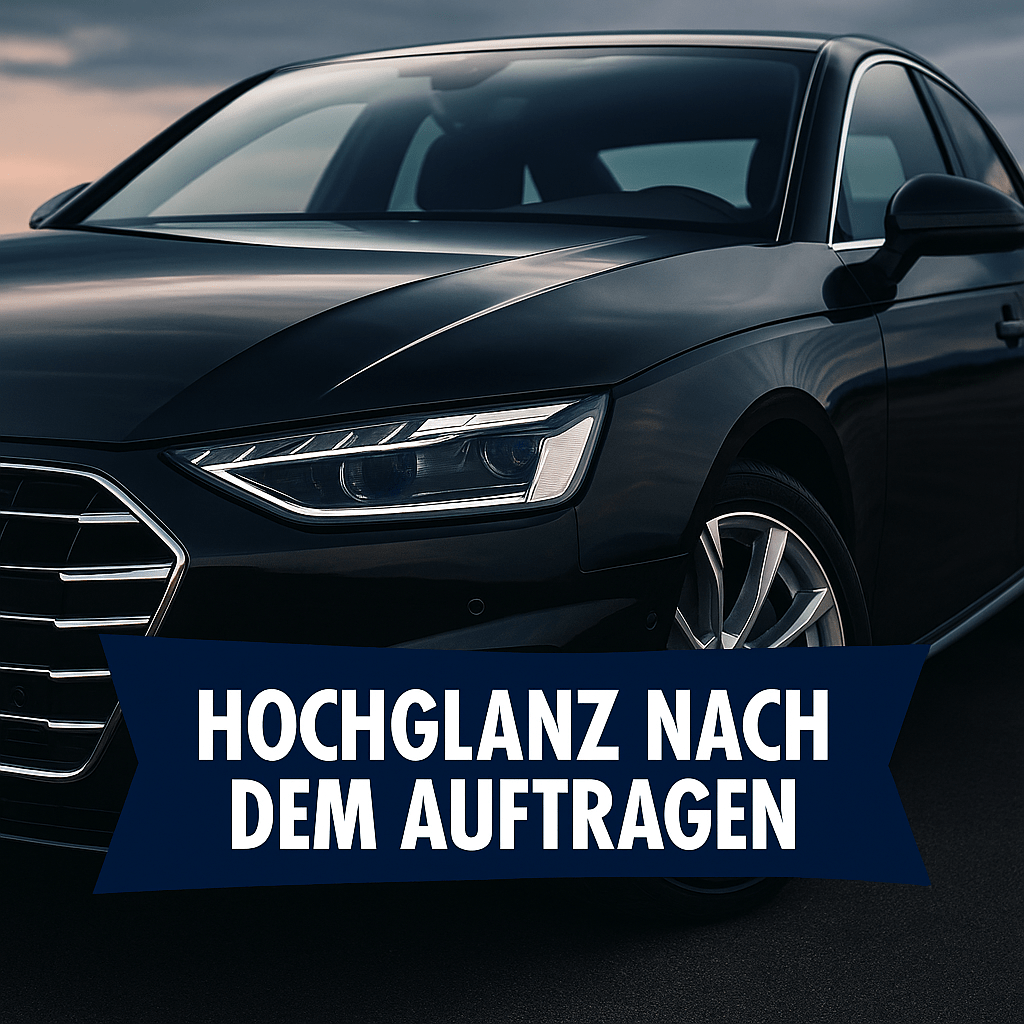 Glänzendes schwarzes Auto mit spiegelndem Lack im Sonnenlicht, darunter ein stilvoller Banner mit dem Schriftzug „Hochglanz nach dem Auftragen“ – emotionale Darstellung der Pflegewirkung für Kunden von waschkids.de