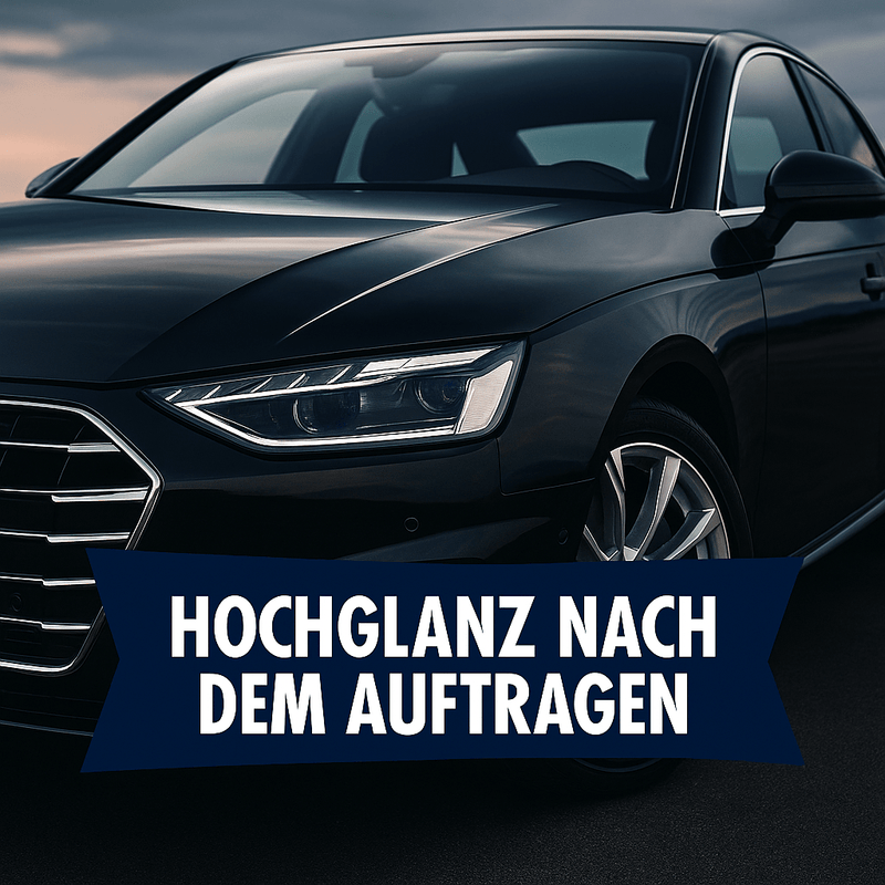 Glänzendes schwarzes Auto mit spiegelndem Lack im Sonnenlicht, darunter ein stilvoller Banner mit dem Schriftzug „Hochglanz nach dem Auftragen“ – emotionale Darstellung der Pflegewirkung für Kunden von waschkids.de