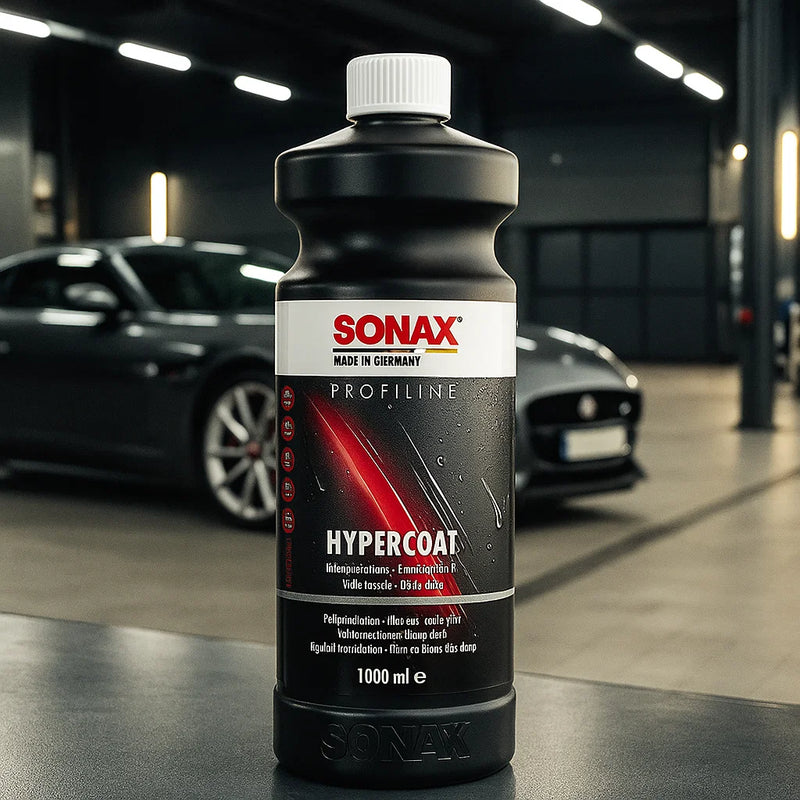 Sonax Profiline Hypercoat Flasche (1000 ml) in einer Autoaufbereitungshalle mit Fahrzeugen im Hintergrund.