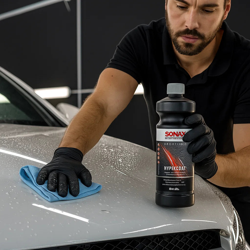 Detailer trägt Sonax Hypercoat Lackschutz auf die Motorhaube eines Autos auf und poliert mit Mikrofasertuch.