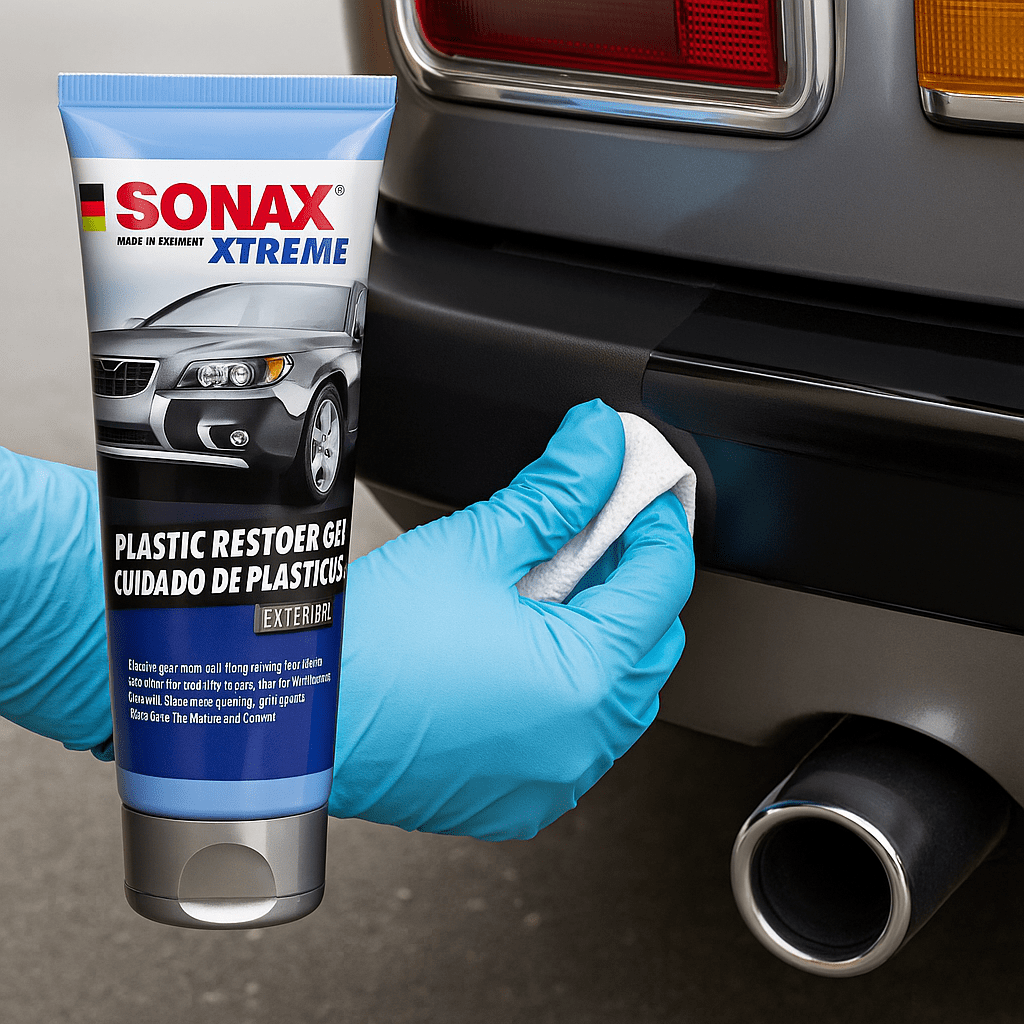 Ein Anwender mit Gummihandschuh trägt SONAX XTREME KunststoffGel gezielt auf die Kunststoff-Heckstoßstange eines Oldtimers auf – für intensive Farbauffrischung und langanhaltenden Schutz.