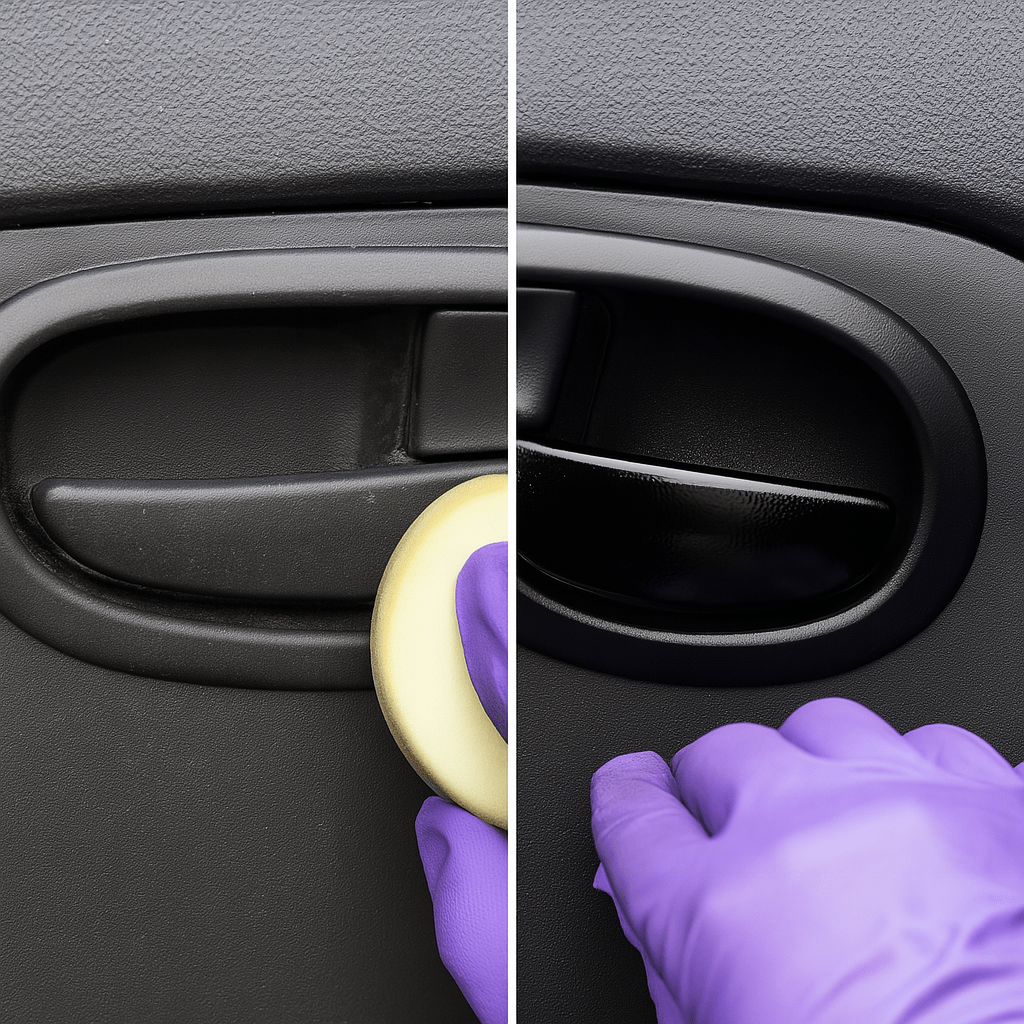 Vergleichsbild eines ausgebleichten und mit SONAX KunststoffGel aufgefrischten Autotürgriffs – links matt und grau, rechts tiefschwarz und glänzend.