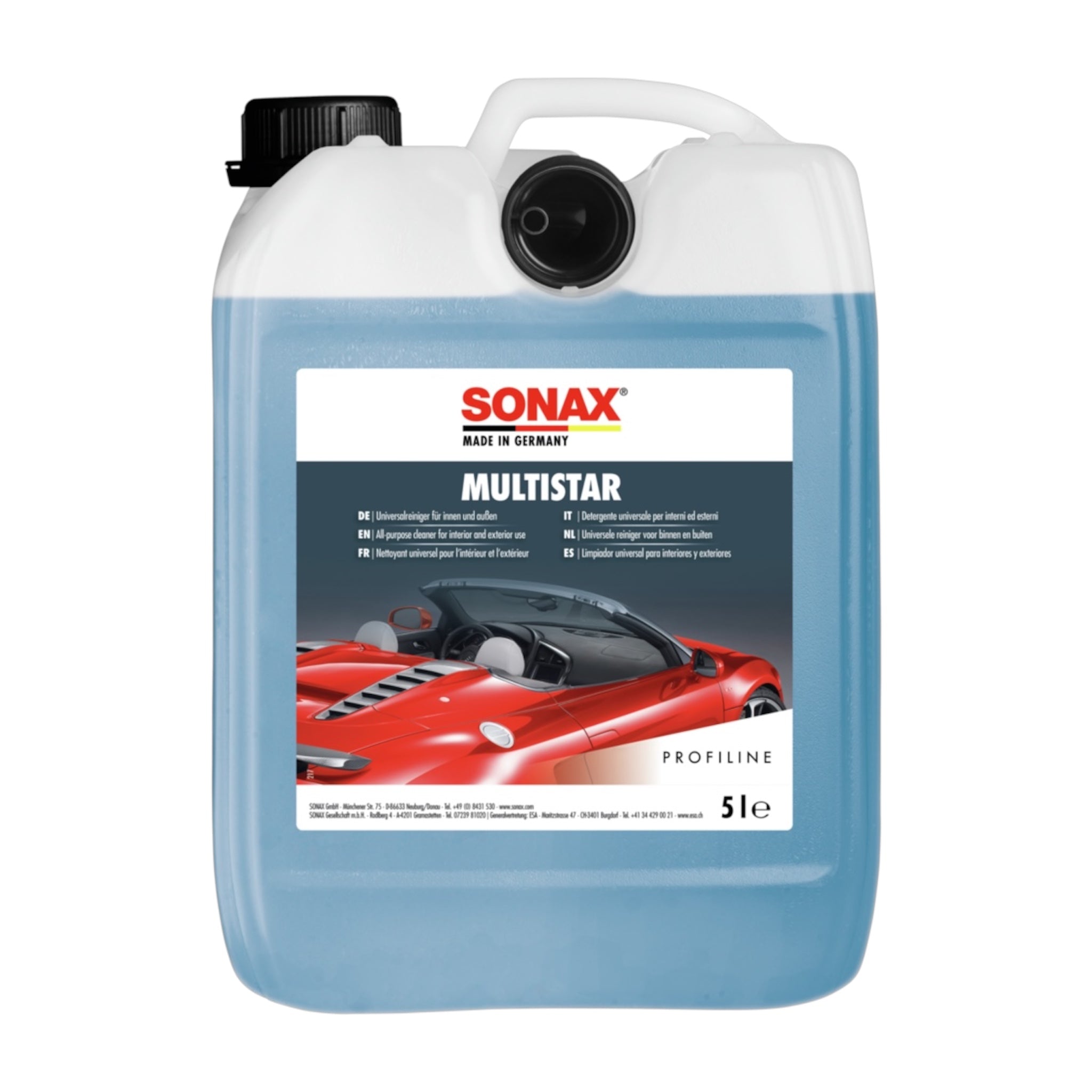 5L Kanister des SONAX Multistar, ideal für die gründliche Reinigung aller Fahrzeugoberflächen innen und außen.