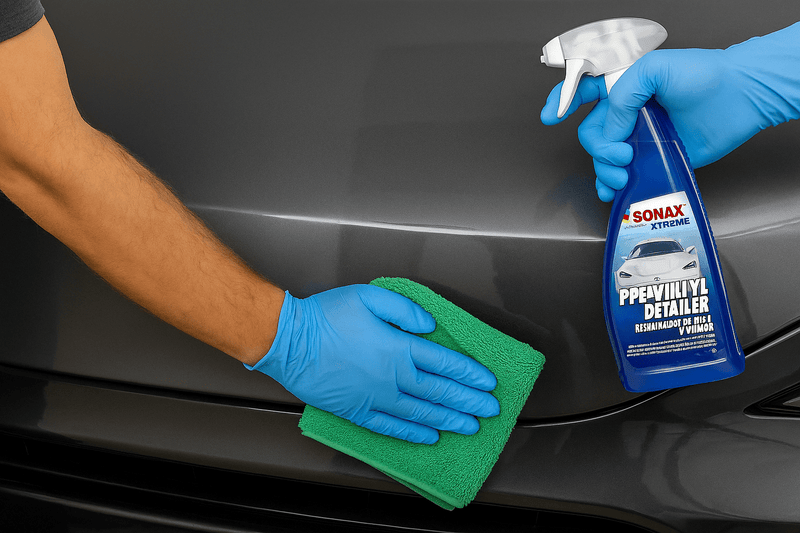 Anwendung des SONAX XTREME PPF + Vinyl Detailers – eine Hand mit Mikrofasertuch poliert eine folierte Autotür, die behandelte Fläche glänzt sichtbar, Produktflasche gut erkennbar im Vordergrund.