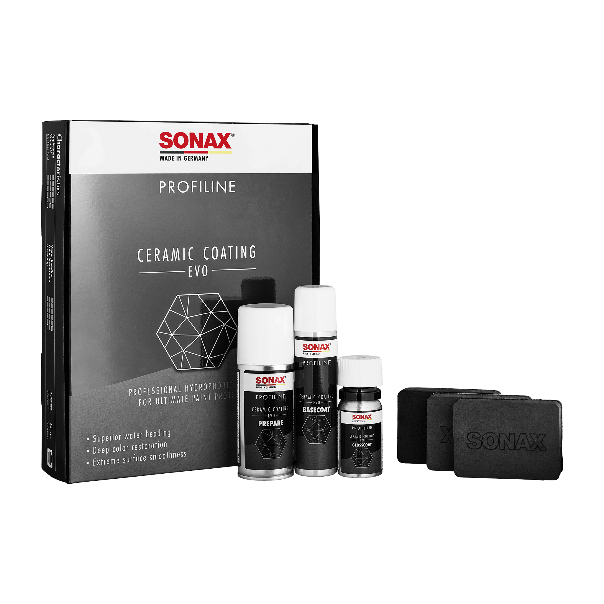 SONAX Profiline CeramicCoating CC Evo Set, ideal für die umfassende Lackversiegelung und zum Schutz vor Umwelteinflüssen.