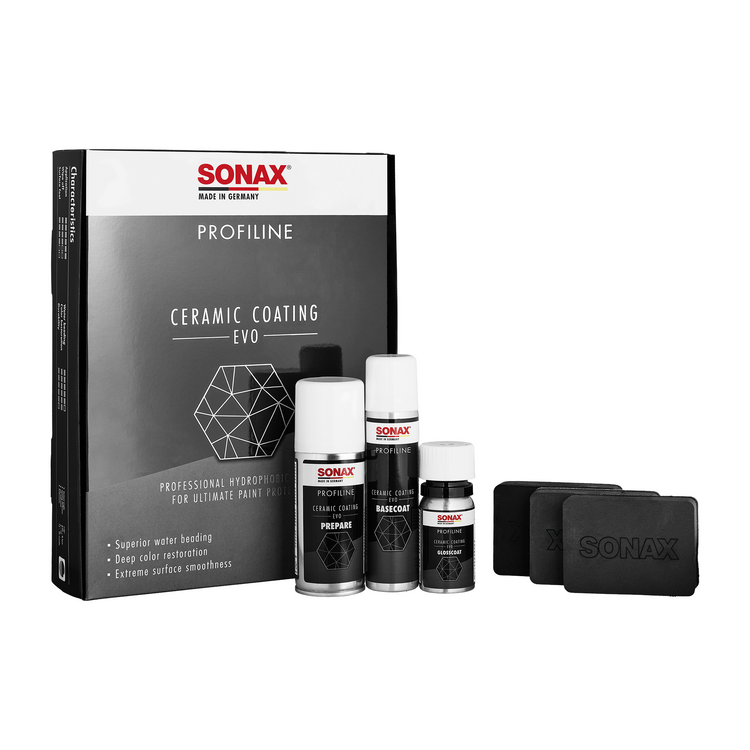 SONAX Profiline CeramicCoating CC Evo Set, ideal für die umfassende Lackversiegelung und zum Schutz vor Umwelteinflüssen.