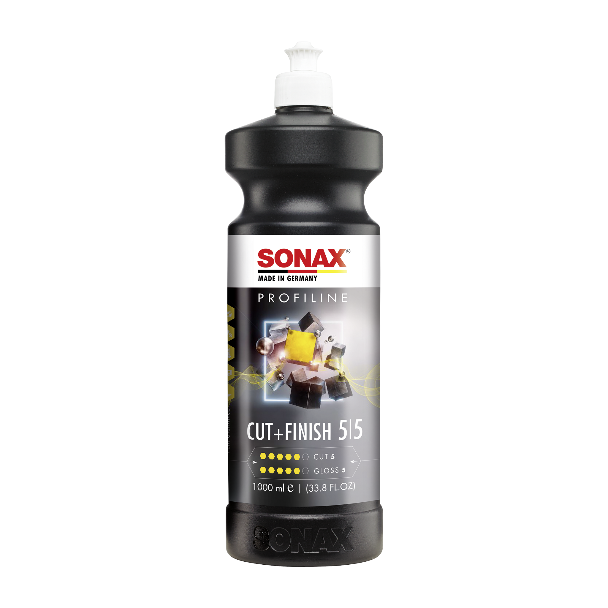 1L Flasche des SONAX Profiline Cut & Finish, ideal zur Entfernung von Kratzern und Hologrammen und für eine glänzende, geschützte Oberfläche.