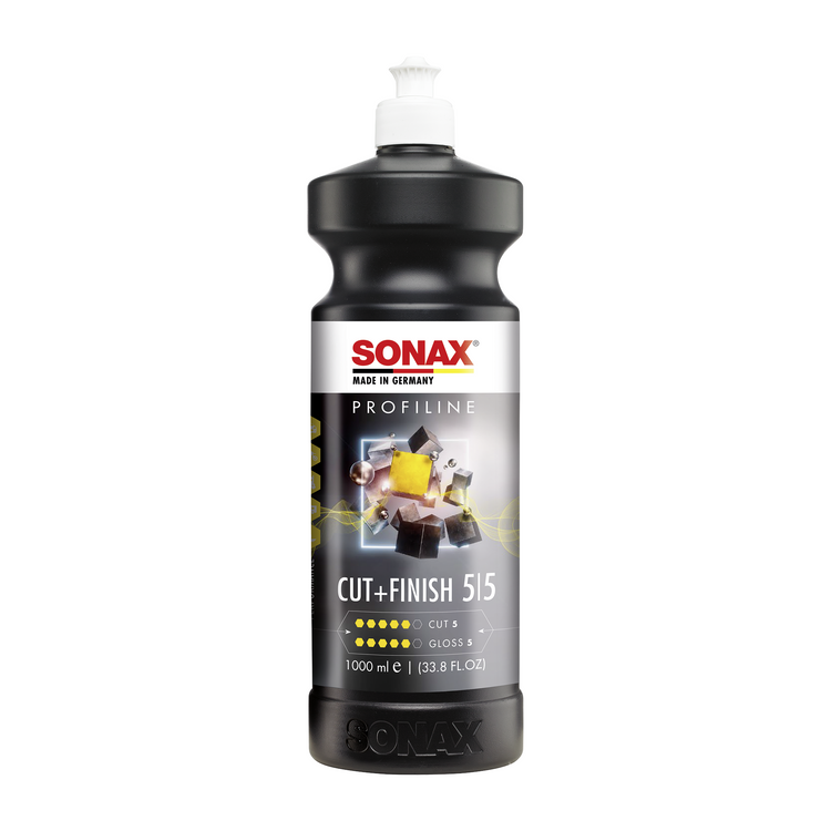 1L Flasche des SONAX Profiline Cut & Finish, ideal zur Entfernung von Kratzern und Hologrammen und für eine glänzende, geschützte Oberfläche.