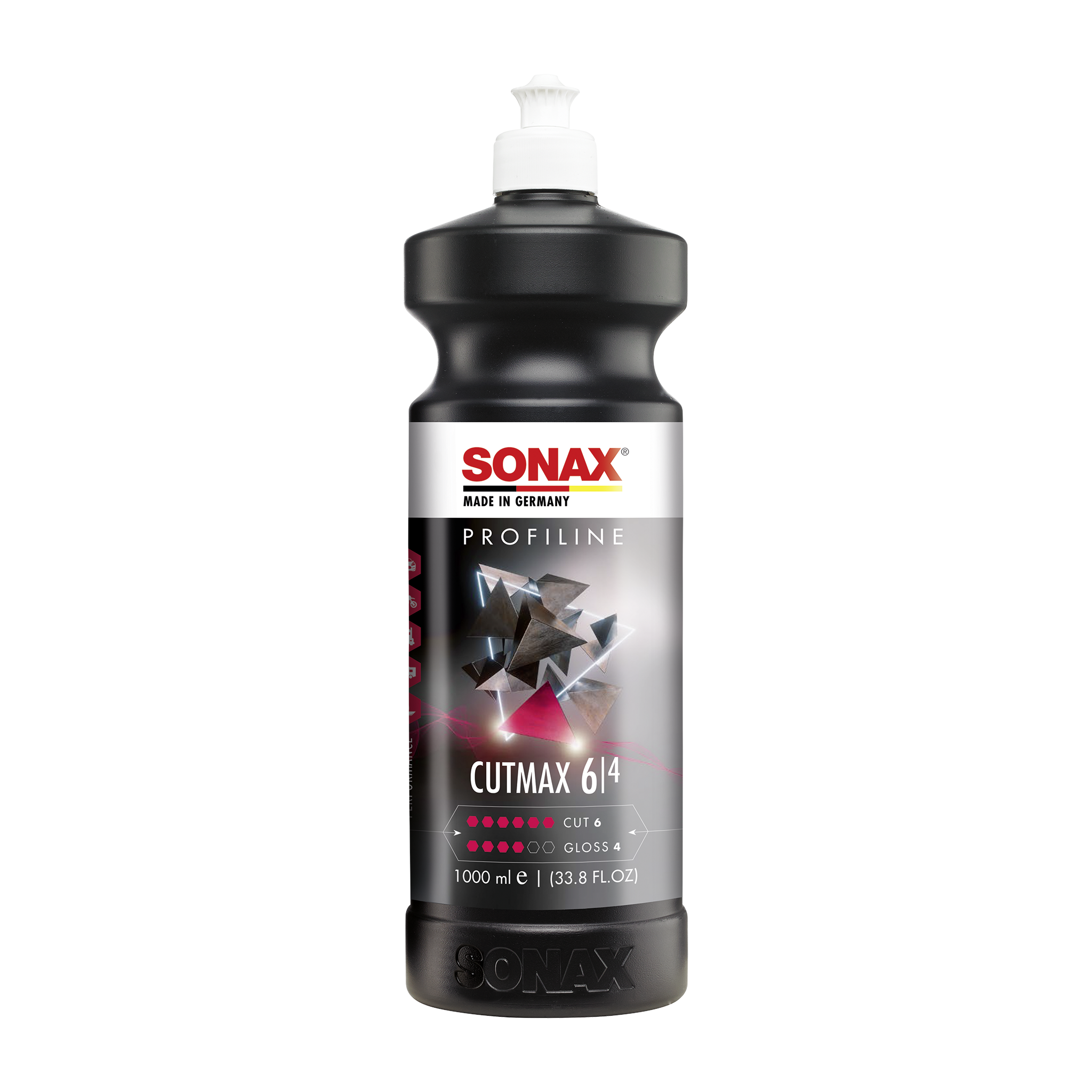 1L Flasche des SONAX Profiline CutMax, ideal zur Entfernung tiefer Kratzer und Schleifspuren und für eine glänzende, glatte Oberfläche.