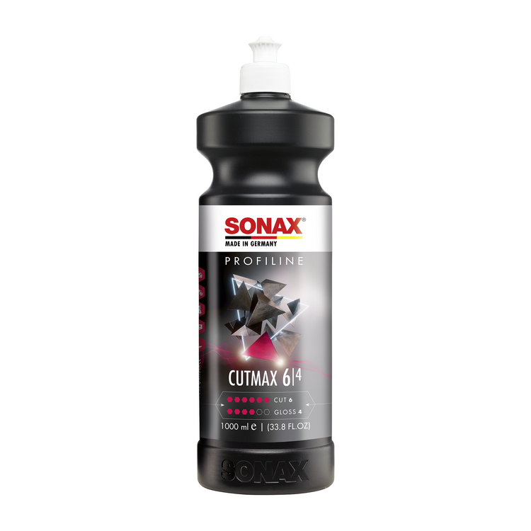 1L Flasche des SONAX Profiline CutMax, ideal zur Entfernung tiefer Kratzer und Schleifspuren und für eine glänzende, glatte Oberfläche.