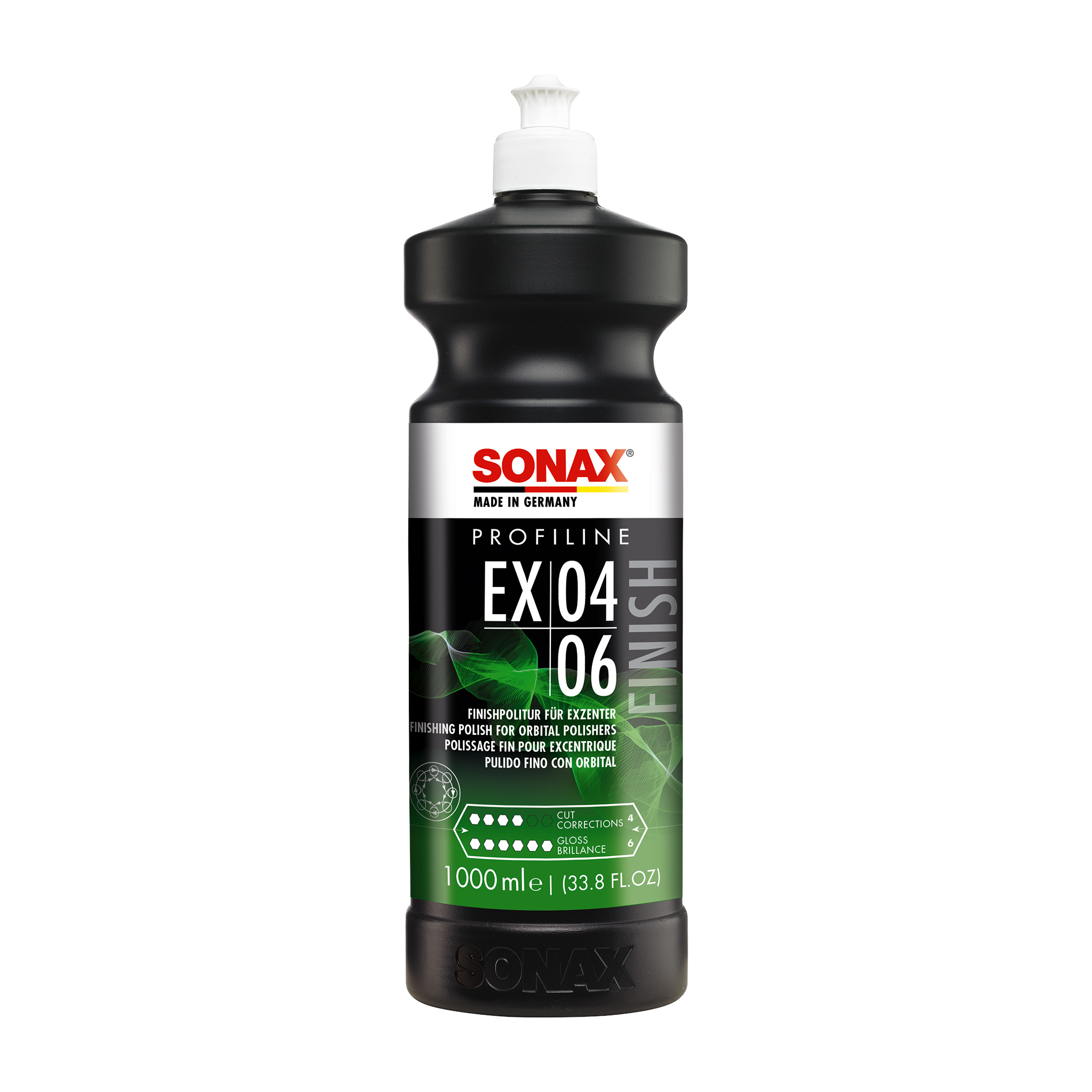1L Flasche des SONAX Profiline EX 04-06, ideal zur Entfernung von leichten Kratzern und Hologrammen und für eine glänzende, glatte Oberfläche.