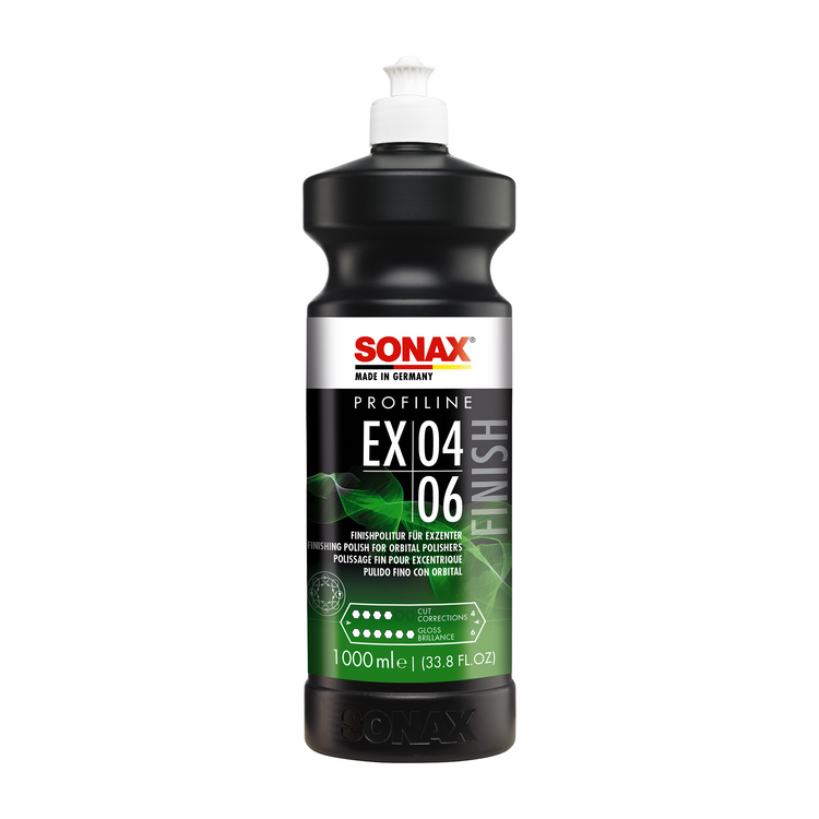 1L Flasche des SONAX Profiline EX 04-06, ideal zur Entfernung von leichten Kratzern und Hologrammen und für eine glänzende, glatte Oberfläche.