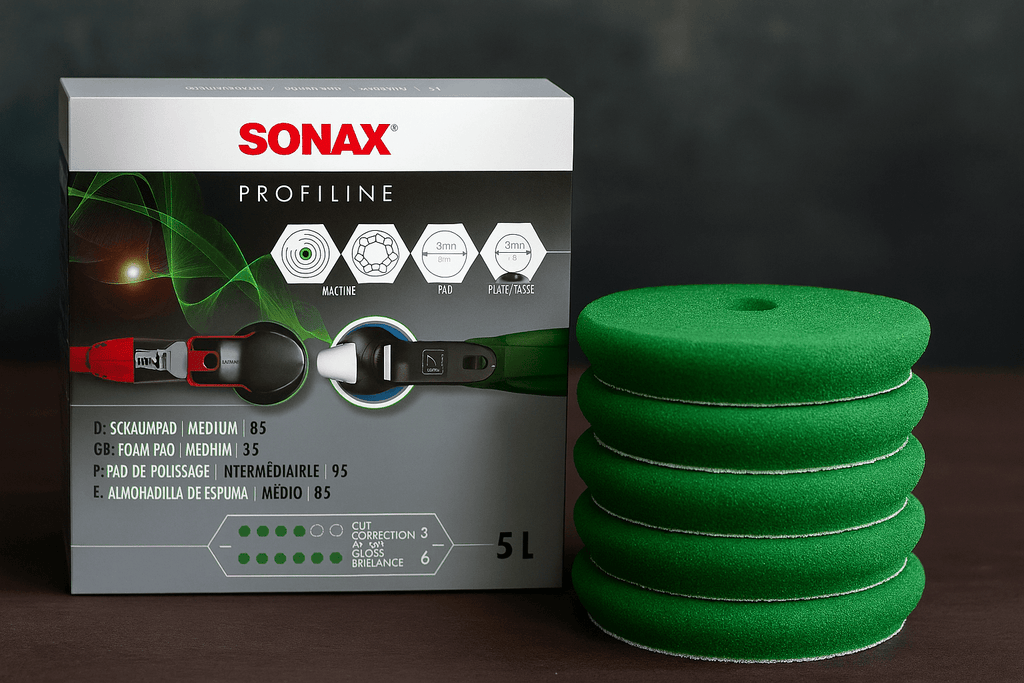 Produktfoto der SONAX PROFILINE Medium Foam Pads 85 mm im 4er-Pack, grüne Polierschwämme vor der Originalverpackung, geeignet für Maschinenpolitur.
