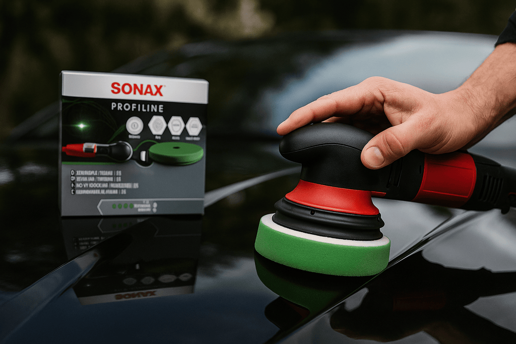 Ein Fahrzeugaufbereiter poliert die Motorhaube eines schwarzen Autos mit einer Poliermaschine und grünem SONAX PROFILINE Medium Foam Pad, im Hintergrund steht die Produktverpackung.

