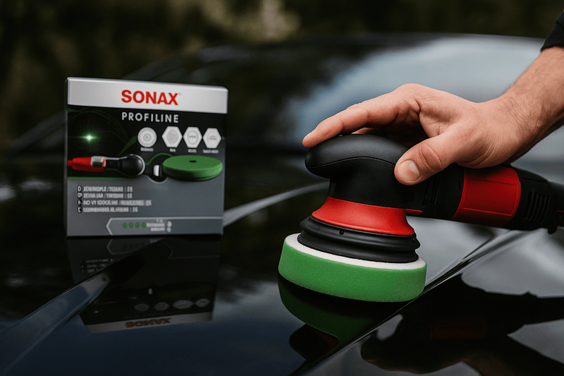 Ein Fahrzeugaufbereiter poliert die Motorhaube eines schwarzen Autos mit einer Poliermaschine und grünem SONAX PROFILINE Medium Foam Pad, im Hintergrund steht die Produktverpackung.

