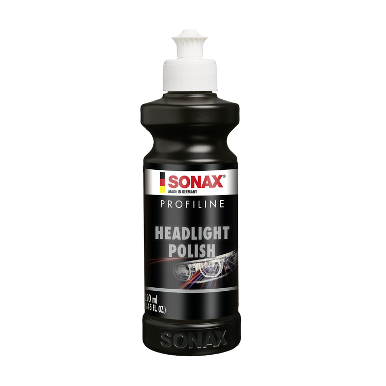 250ml Flasche der SONAX Profiline HeadlightPolish, ideal zur Politur und Pflege von Scheinwerfern für maximale Klarheit und Schutz.