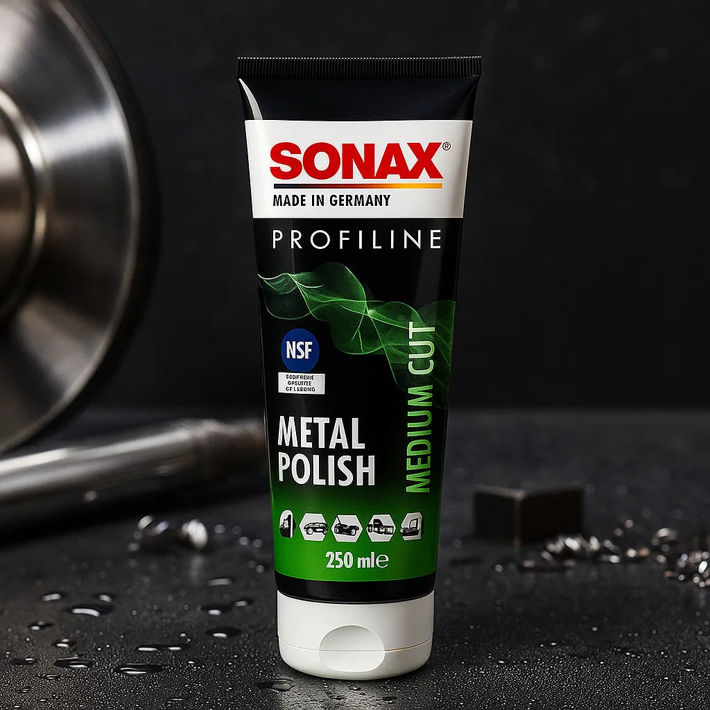 Freigestelltes Produktfoto der Sonax Profiline Metal Polish Medium Cut Tube auf einer dunklen Werkbank mit Metallteilen im Hintergrund